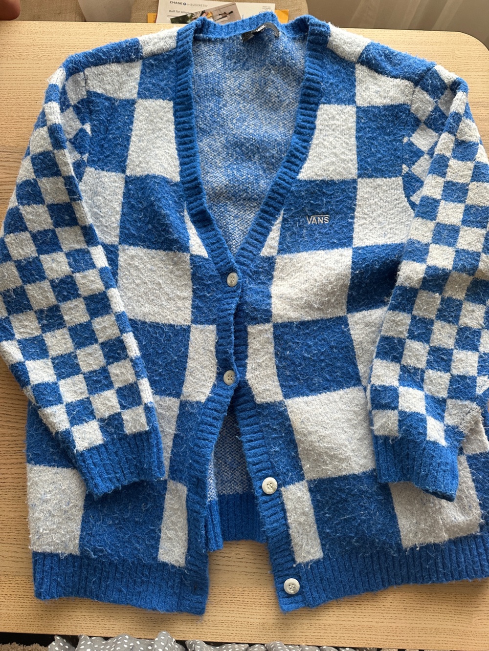 Vans Blue and Cream Checkerboard Knit Cardigan